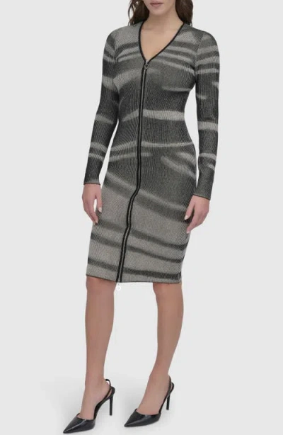 Dkny Zip Front Long Sleeve Sweater Dress In Floral Graffitiblk