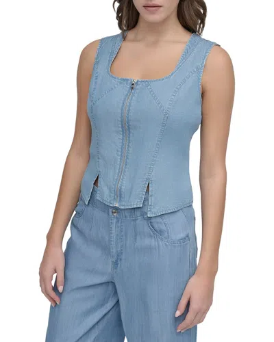 Dkny Zip Front Tencel Vest Top In Blue