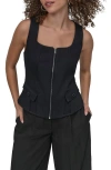 Dkny Zip Front Twill Sleeveless Top In Black