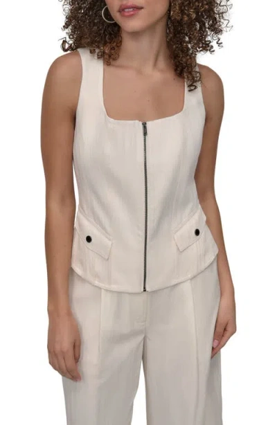 Dkny Zip Front Twill Sleeveless Top In Neutral