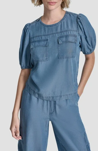 Dkny Zip Shoulder Denim Puff Sleeve Blouse In Blue