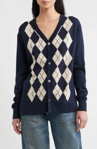 Dl1961 Argyle Extra Fine Merino Wool V Neck Cardigan In Blue