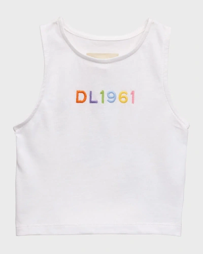 Dl1961 Kids' Girl's Marcie Embroidered Logo Tank Top In White Logo