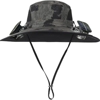 Dlm Solar Fan Hat Rechargeable 2detachable Solar Fans,water-repellent Wide Brim Bucket Hat, Outdoor Camp In Black