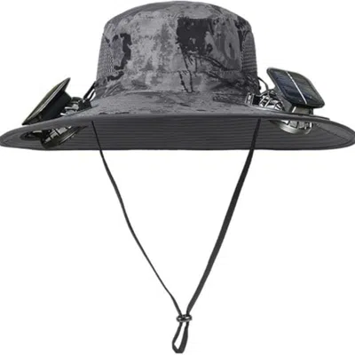 Dlm Solar Fan Hat Rechargeable 2detachable Solar Fans,water-repellent Wide Brim Bucket Hat, Outdoor Camp In Gray