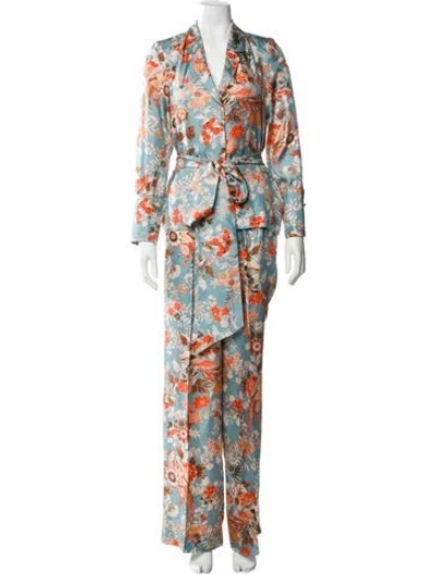 Pre-owned Dmn Silk Floral Print Pantsuit In Blue