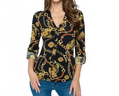 Dna Clothing & Apparel Chain Print Roll-up Sleeve Button Down Blouse In Navy In Black