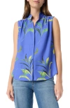 Do By Dee Ocleppo Jade Leaf Print Sleeveless Button-up Top In Baja Blue- Tossed Leaves