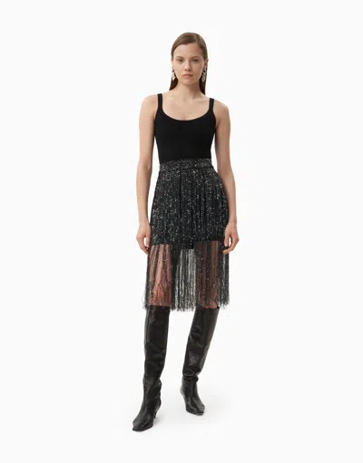 Dodiee Ivy Fringe Sequin Skirt In Black Silver