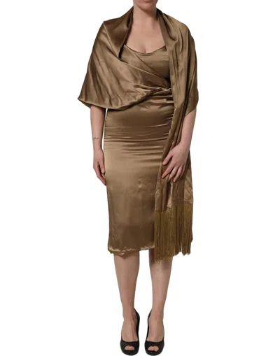 Pre-owned Dodo Bar Or Bronze Toned Satin Fringe Hemmed Shawl Midi Women's Dress ()