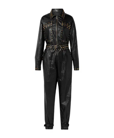 Dodo Bar Or Fipa Belted Studded Leather Jumpsuit In Black