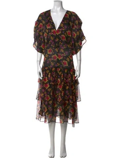 Pre-owned Dodo Bar Or Floral Print Midi Length Dress W/ Tags In Black/yellow