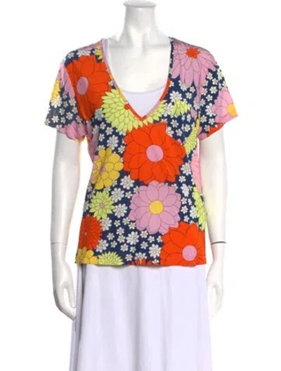Pre-owned Dodo Bar Or Floral Print V-neck T-shirt W/ Tags In Blue