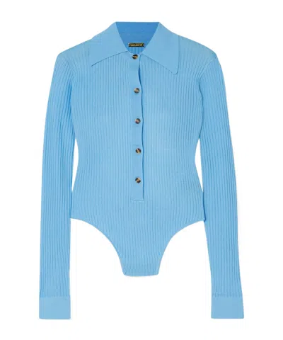 Dodo Bar Or Gabi Open-back Ribbed-knit Bodysuit In Blue