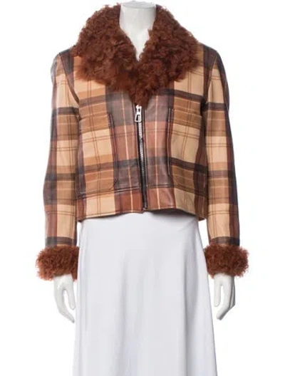 Pre-owned Dodo Bar Or Lambskin Plaid Print Biker Jacket In Brown