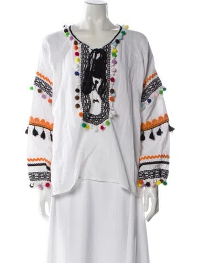 Pre-owned Dodo Bar Or Patterned Tie Neck Blouse In White