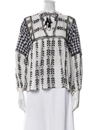 Pre-owned Dodo Bar Or Patterned Tie Neck Blouse In White