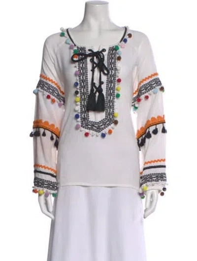 Pre-owned Dodo Bar Or Patterned Tie Neck Blouse In White