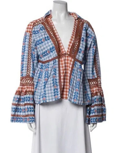 Pre-owned Dodo Bar Or Plaid Print V-neck Blouse In Blue