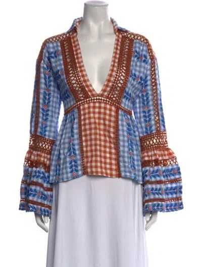 Pre-owned Dodo Bar Or Plaid Print V-neck Top In Blue