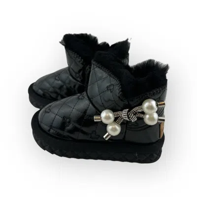 Doe A Dear Kids' Girl's Fur Trim Pearl Charm Quilted Boots In Black
