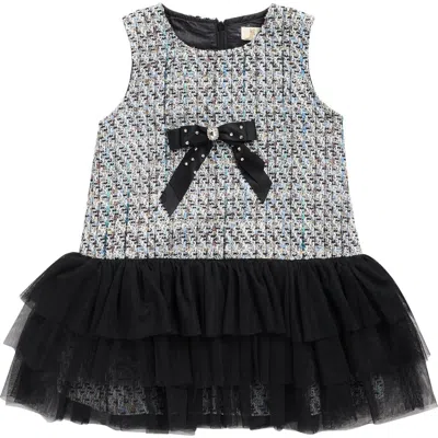 Doe A Dear Kids' Crystal Embellished Bow Brooch Tweed Dress In Multi
