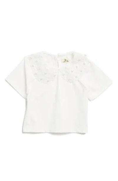 Doe A Dear Kids' Floral Appliqué Peter Pan Collar T-shirt In White