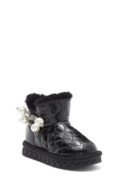Doe A Dear Kids' Rhinestone Faux Pearl Faux Fur Trim Boot In Black