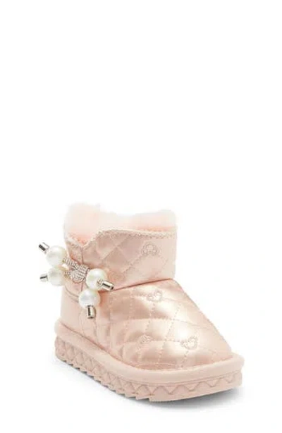 Doe A Dear Kids' Rhinestone Faux Pearl Faux Fur Trim Boot In Pink