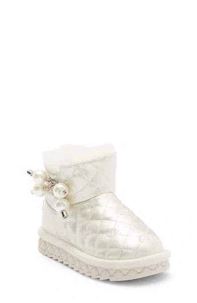 Doe A Dear Kids' Rhinestone Faux Pearl Faux Fur Trim Boot In White