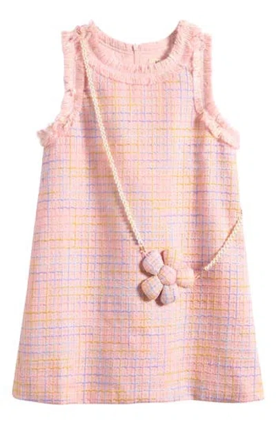 Doe A Dear Kids' Sleeveless Tweed Faux Pearl Necklace Dress In Pink