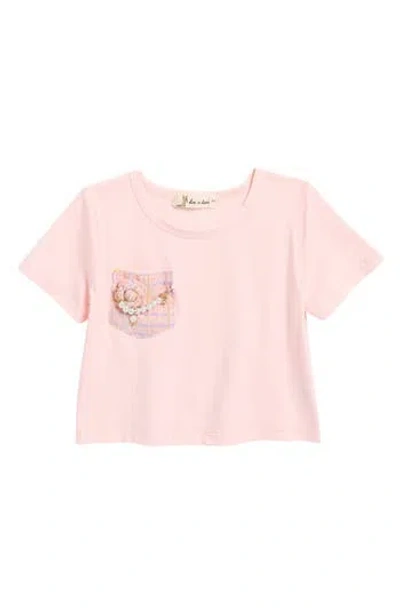 Doe A Dear Kids' Tweed Faux Pearl Necklace Pocket T-shirt In Pink