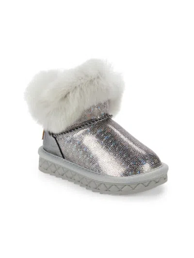 Doe A Dear Little Kid's & Kid's Faux Fur Trim Iridescent Glitter Boots In Silver