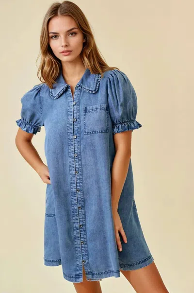 Doe & Rae Denim Ruffle Mini Dress In Blue In Multi