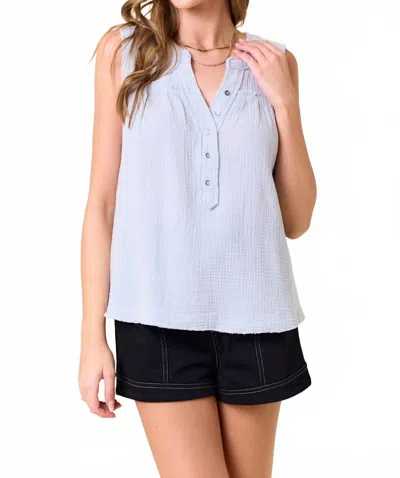Doe & Rae Double Gauze Frayed Hems Sleeveless Henley Top In Sky Blue