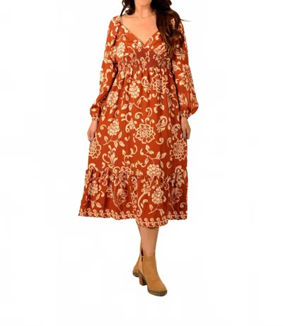 Doe & Rae Dreams Long Sleeve Midi Dress In Terracotta In Brown