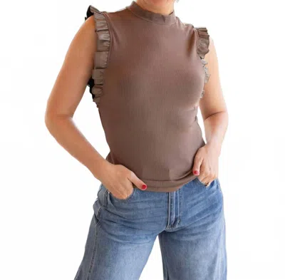 Doe & Rae Edgy Ruffles Faux Leather Tank Top In Mocha In Brown