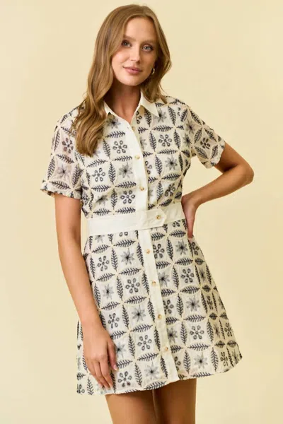 Doe & Rae Embroidered Mini Shirt Dress With Contrast Collar In Ivory In Metallic