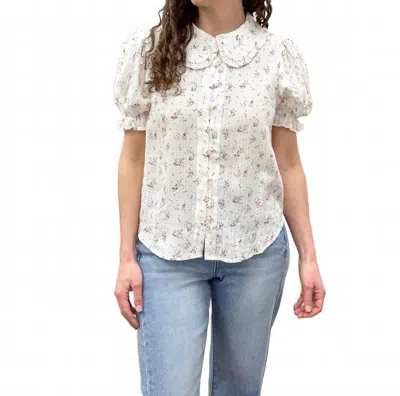 Doe & Rae Floral Button Up Peter Pan Collared Blouse In White