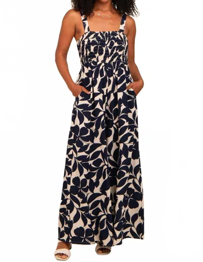 Doe & Rae Floral Flattering Smocked Bodice Jumpsuit In Navy In Black