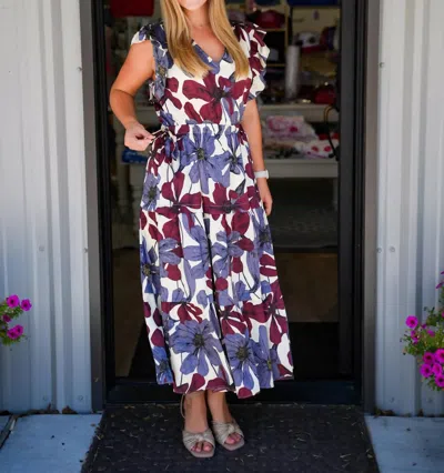 Doe & Rae Floral Satin Ruffle Tiered Midi Dress In Blue Grey In Multi