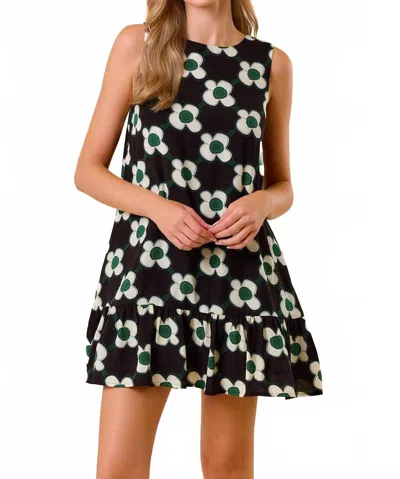 Doe & Rae Floral Twill Tie Back Mini Dress In Black/ivory In Multi