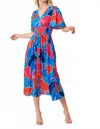Doe & Rae Floral V-neck Flutter Short Sleeve Smocked Waist Dress In Cobalt/orange In Multi