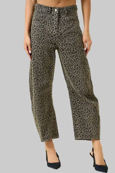 Doe & Rae High Rise Barrel Leg Jeans In Tan Leopard In Grey