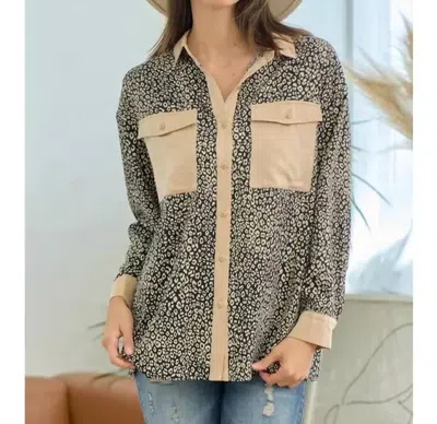 Doe & Rae Leopard Button Down Shirt In Black/taupe: In Gray