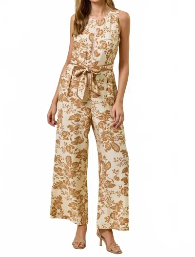 Doe & Rae Paisley Printed Zip Front Sleeveless Jumpsuit In Mocha In Brown