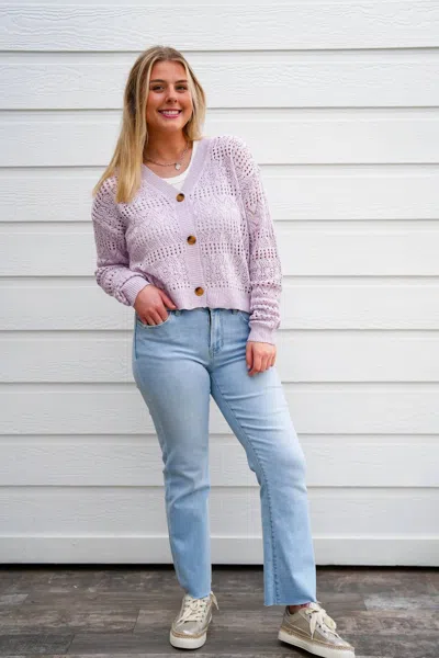 Doe & Rae Pointelle Knitted V-neck Crop Cardigan In Lavender In Purple