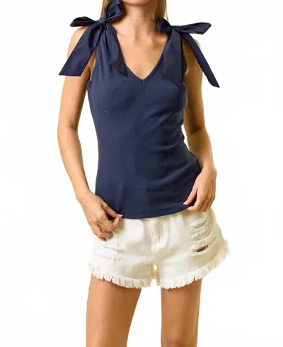 Doe & Rae Ribbed V-neck Bow Tie Tank Top In Navy In Blue
