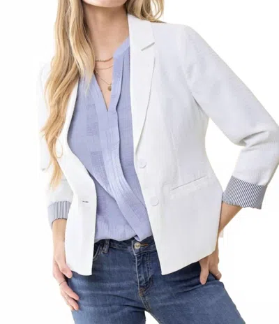 Doe & Rae Shirred Textured Blazer In Stripe In White