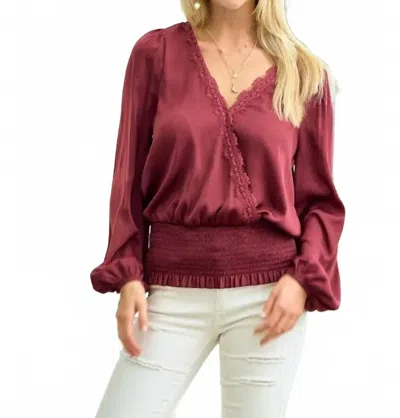 Doe & Rae Smocked Waist Surplice Top With Lace In Wine In Burgundy